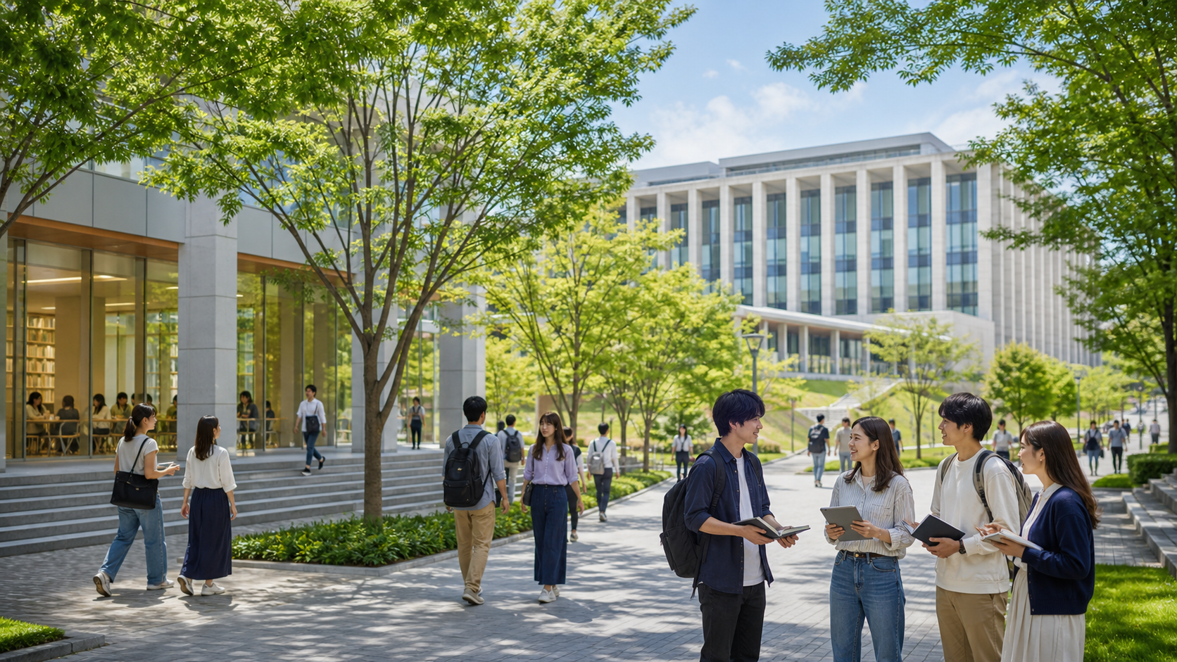 緑豊かな大学キャンパスで学生が学び合う様子