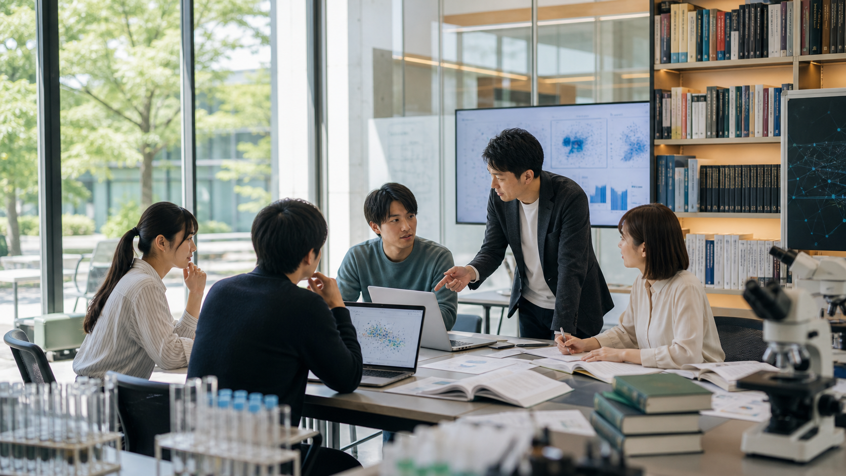 大学院生と教員が研究室で議論する様子