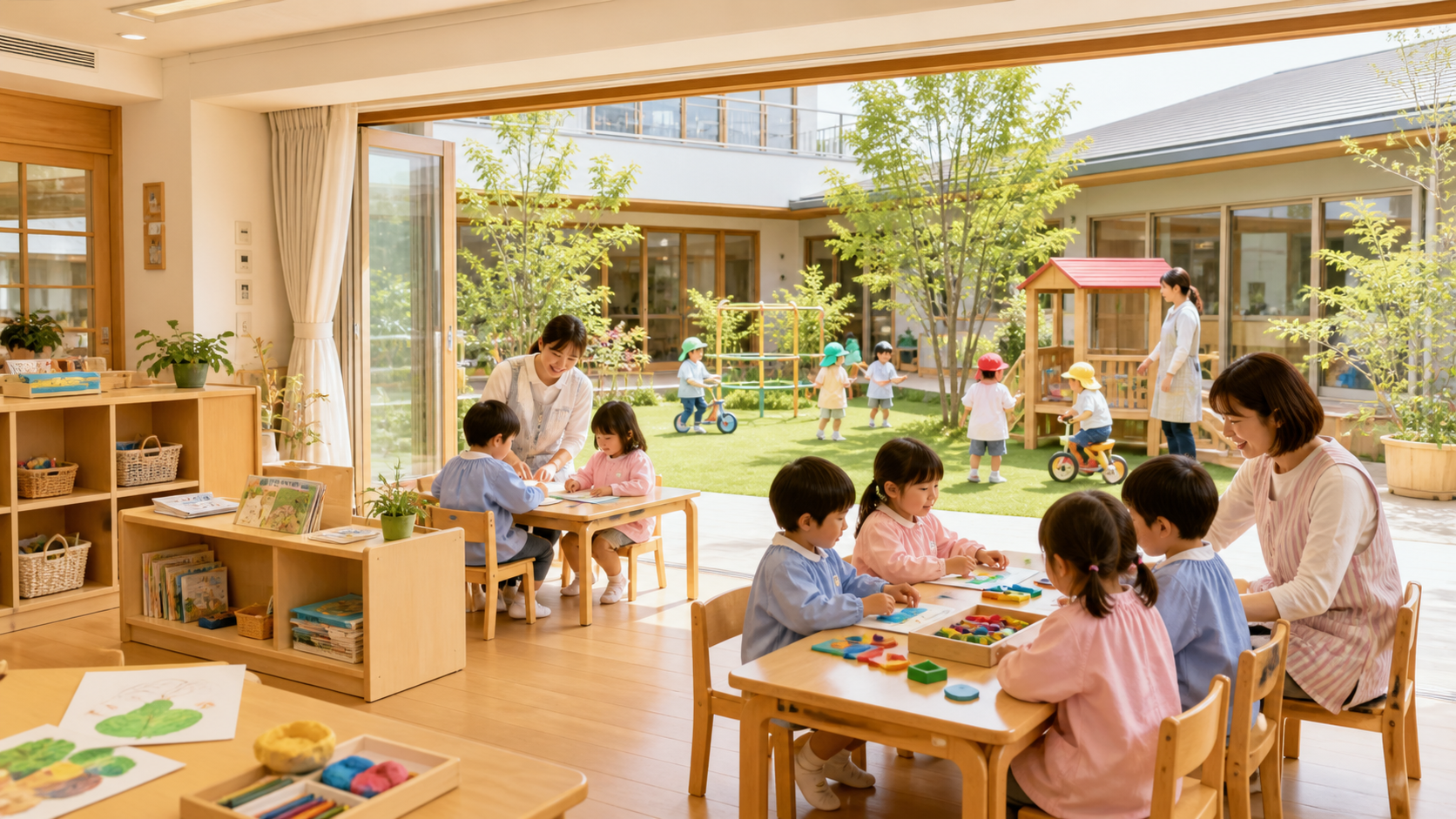 明るい園舎と園庭で園児が先生と活動する様子