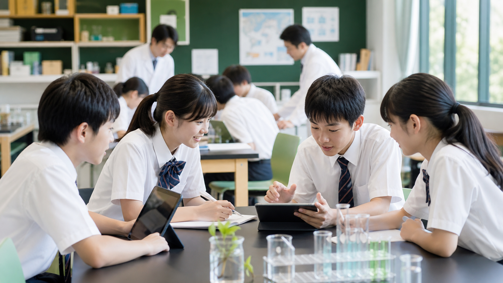 中等部の生徒が理科室でICTを活用して学ぶ様子